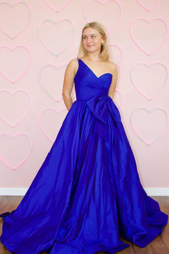 Royal Blue A-Line One Shoulder Long Satin Prom Dress with Slit