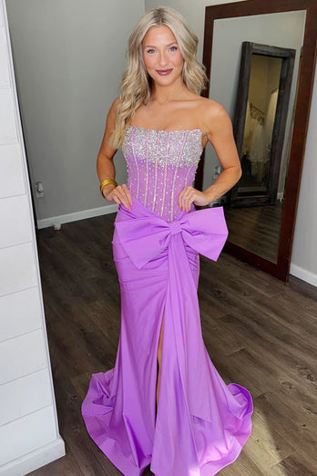 Sparkly Blue Beaded Strapless Long Corset Prom Dress with Slit