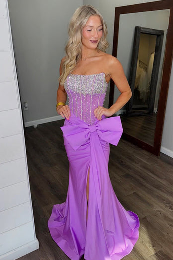 Sparkly Blue Beaded Strapless Long Corset Prom Dress with Slit