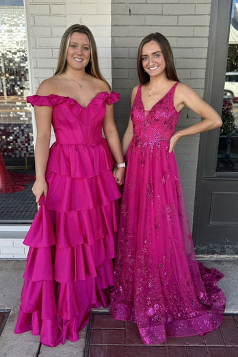 Fuchsia Off the Shoulder Tiered  Satin Long Corset Prom Dress