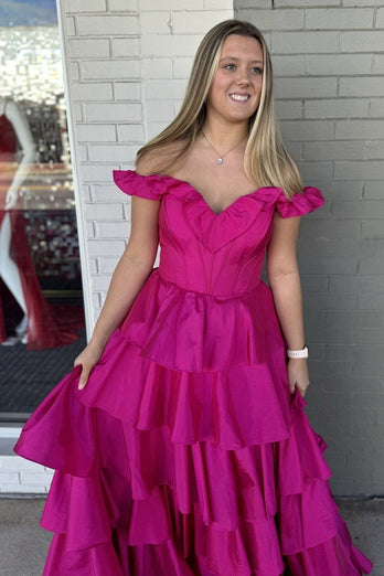 Fuchsia Off the Shoulder Tiered  Satin Long Corset Prom Dress