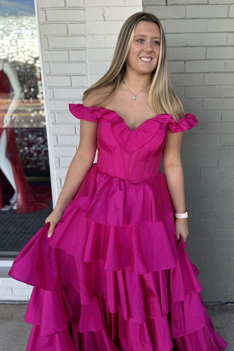 Load image into Gallery viewer, Fuchsia Off the Shoulder Tiered  Satin Long Corset Prom Dress