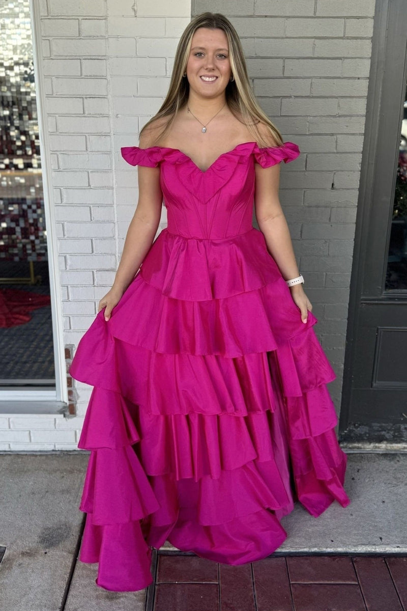 Load image into Gallery viewer, Fuchsia Off the Shoulder Tiered  Satin Long Corset Prom Dress