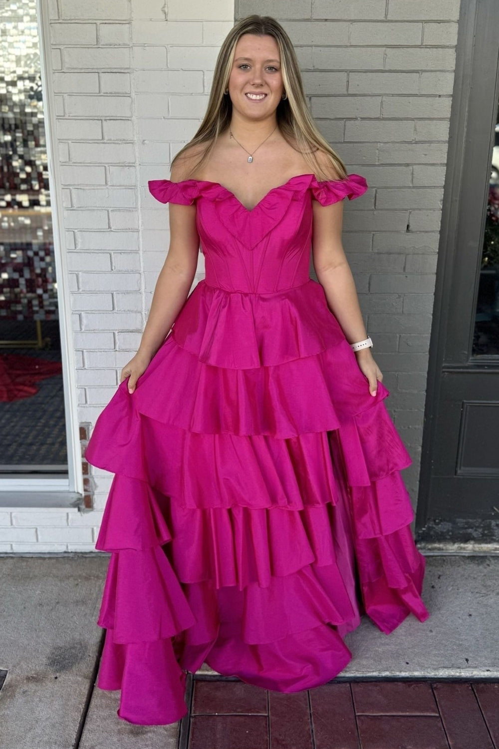 Fuchsia Off the Shoulder Tiered  Satin Long Corset Prom Dress