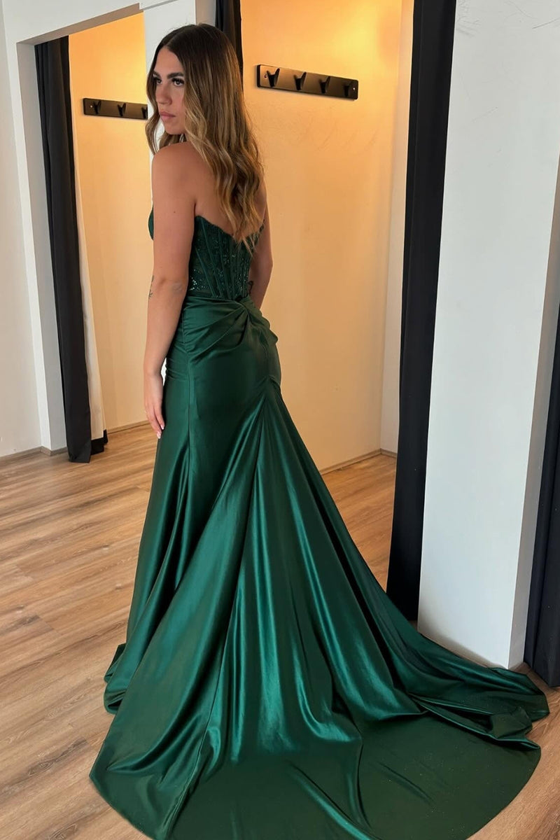 Load image into Gallery viewer, Sparkly Dark Green Strapless Satin Long Corset Prom Dress with Slit