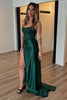 Load image into Gallery viewer, Sparkly Dark Green Strapless Satin Long Corset Prom Dress with Slit