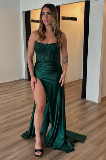 Sparkly Dark Green Strapless Satin Long Corset Prom Dress with Slit