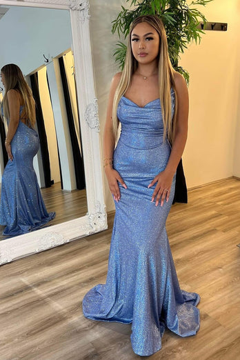 Sparkly Grey Blue Spaghetti Straps Mermaid Long Prom Dress