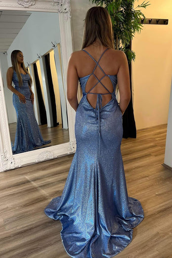 Sparkly Grey Blue Spaghetti Straps Mermaid Long Prom Dress