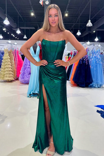 Sparkly Dark Green Mermaid Long Corset Prom Dress with Slit