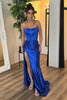 Load image into Gallery viewer, Royal Blue Strapless Ruched Long Corset Prom Dress with Slit