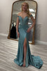 Load image into Gallery viewer, Sparkly Grey Green Off The Shoulder Long Corset Prom Dress with Slit