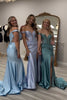 Load image into Gallery viewer, Sparkly Grey Green Off The Shoulder Long Corset Prom Dress with Slit