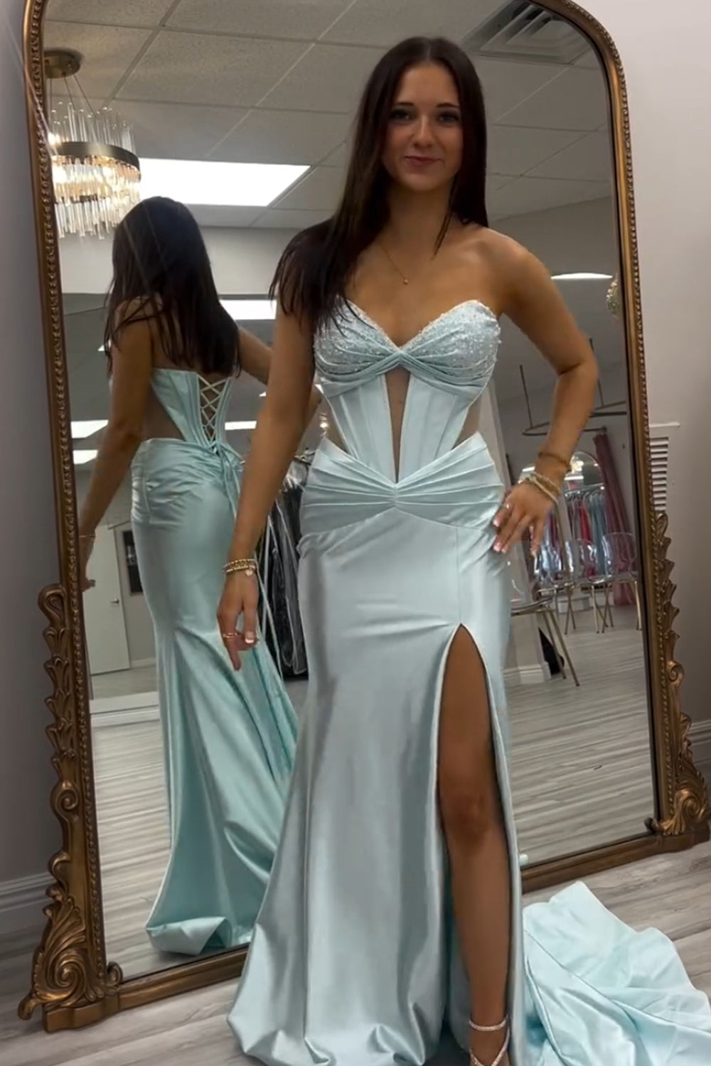 Sparkly Light Green Sweetheart Long Corset Prom Dress with Slit