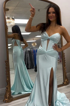 Sparkly Light Green Sweetheart Long Corset Prom Dress with Slit