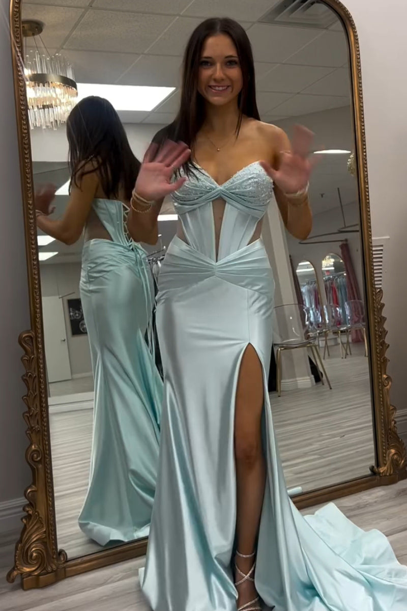 Load image into Gallery viewer, Sparkly Light Green Sweetheart Long Corset Prom Dress with Slit