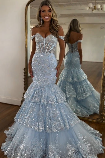 Sparkly Light Blue Off the Shoulder Tiered Long Corset Prom Dress