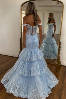 Sparkly Light Blue Off the Shoulder Tiered Long Corset Prom Dress