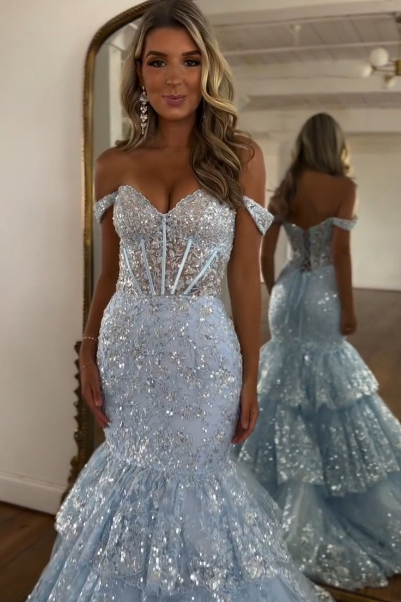 Load image into Gallery viewer, Sparkly Light Blue Off the Shoulder Tiered Long Corset Prom Dress