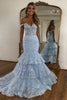 Load image into Gallery viewer, Sparkly Light Blue Off the Shoulder Tiered Long Corset Prom Dress