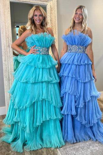 Sparkly Blue Strapless Tiered Beaded Long Prom Dress