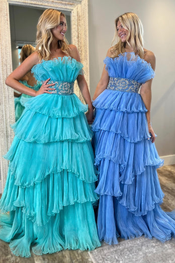 Sparkly Blue Strapless Tiered Beaded Long Prom Dress