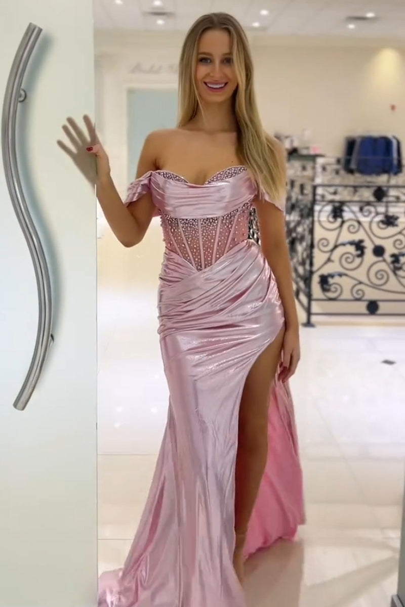 Load image into Gallery viewer, Sparkly Pink Beaded Off the Shoulder Long Corset Prom Dress with Slit