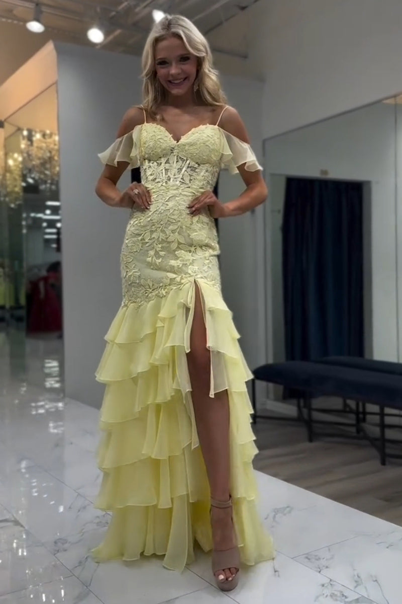 Load image into Gallery viewer, Yellow Cold Shoulder Tiered Chiffon Long Corset Prom Dress with Slit