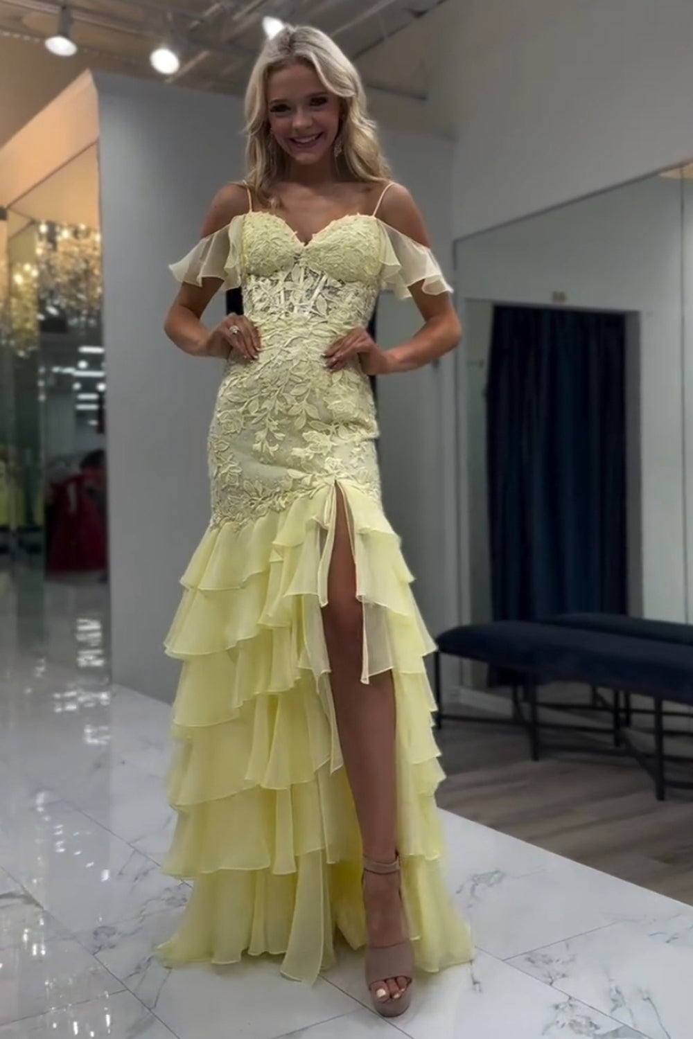 Yellow Cold Shoulder Tiered Chiffon Long Corset Prom Dress with Slit