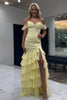 Load image into Gallery viewer, Yellow Cold Shoulder Tiered Chiffon Long Corset Prom Dress with Slit