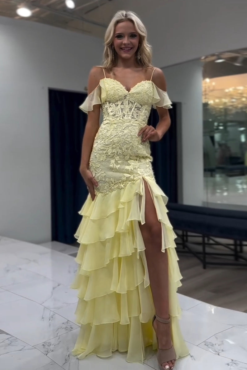 Load image into Gallery viewer, Yellow Cold Shoulder Tiered Chiffon Long Corset Prom Dress with Slit