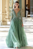 Load image into Gallery viewer, Floral Sage V-Neck Sparkly Corset Long Formal Dress with Sleeves