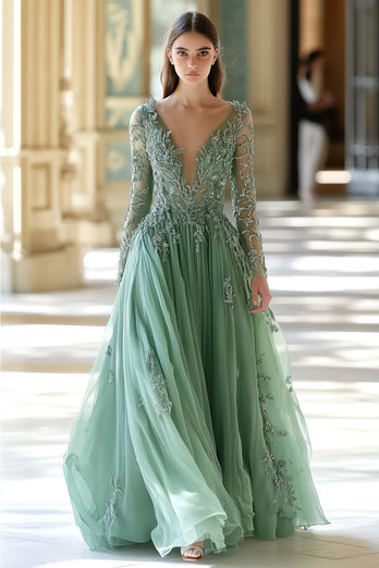 Floral Sage V-Neck Sparkly Corset Long Formal Dress with Sleeves