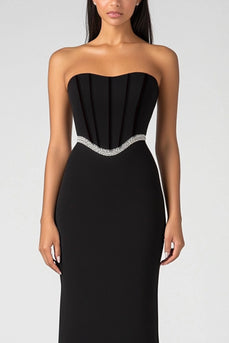 Black Strapless Corset Long Formal Dress with Beading Belt