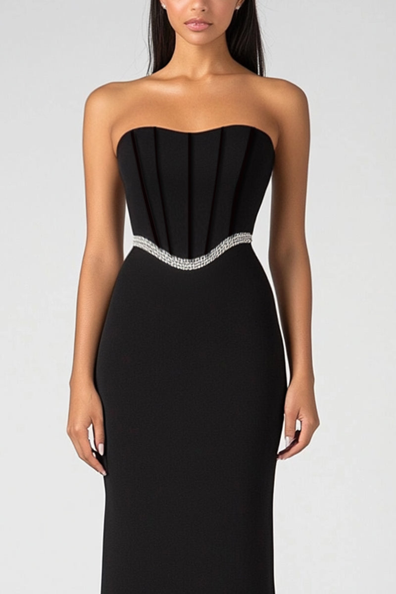 Load image into Gallery viewer, Black Strapless Corset Long Formal Dress with Beading Belt