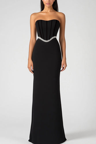 Black Strapless Corset Long Formal Dress with Beading Belt