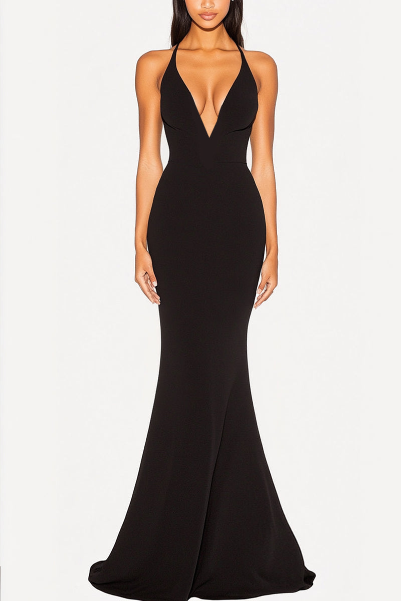 Load image into Gallery viewer, Black Deep V-Neck Mermaid Long Formal Dress