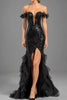 Load image into Gallery viewer, Sparkly Black Off The Shoulder Ruffled Long Formal Dress with Slit