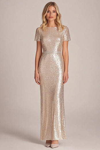 Sparkly Apricot Sequin Round Neck Mother of the Bride Dress