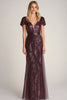 Load image into Gallery viewer, Burgundy Sparkly Mermaid Long Formal Dress with Short Sleeves