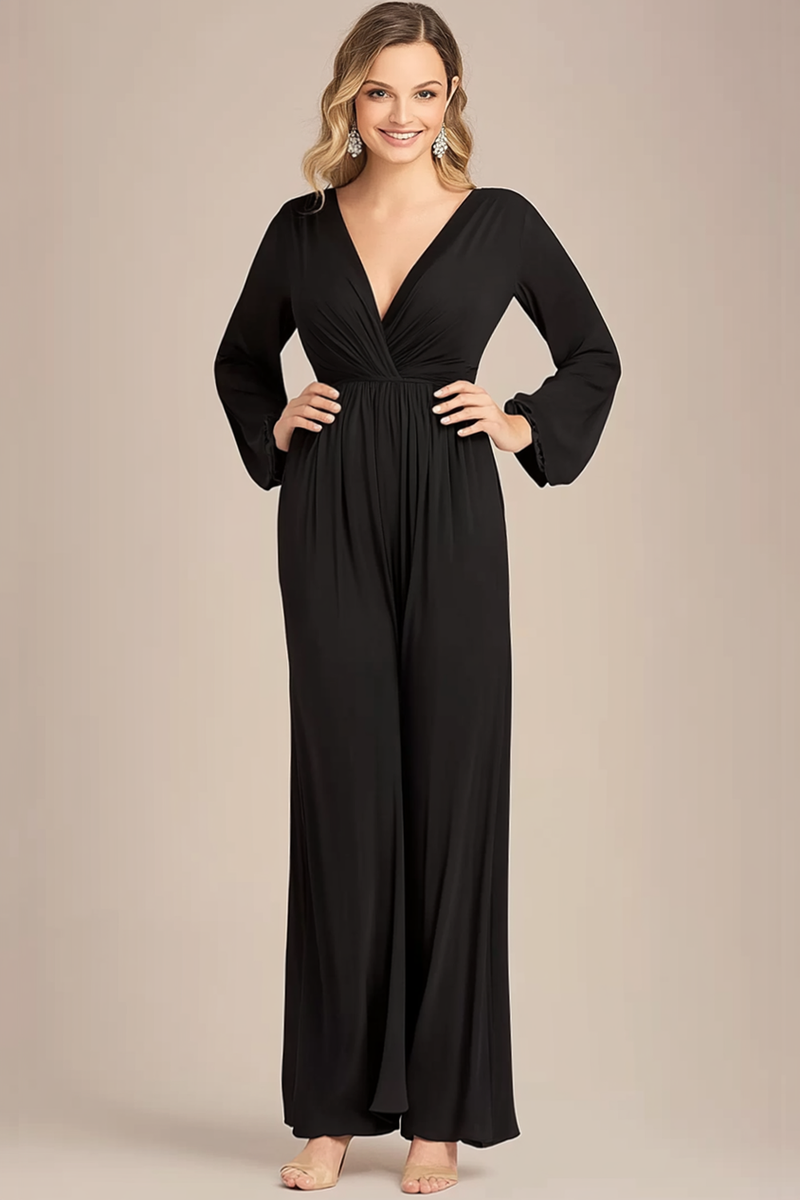 Load image into Gallery viewer, Black Chiffon V-Neck Jumpsuit with Long Sleeves