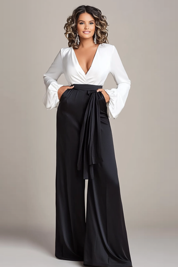 White Black V-Neck Long Sleeves Jumpsuit