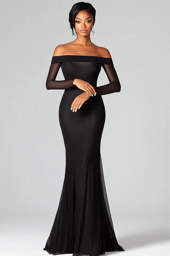 Black Off the Shoulder Mermaid Long Formal Dress with Sleeves