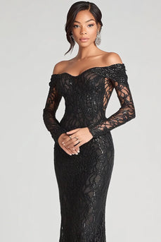 Sparkly Black Long Sleeves Mermaid Long Formal Dress with Lace