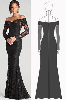 Sparkly Black Long Sleeves Mermaid Long Formal Dress with Lace