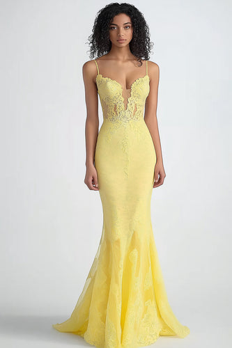 Daffodil Corset Spaghetti Straps Long Formal Dress with Lace