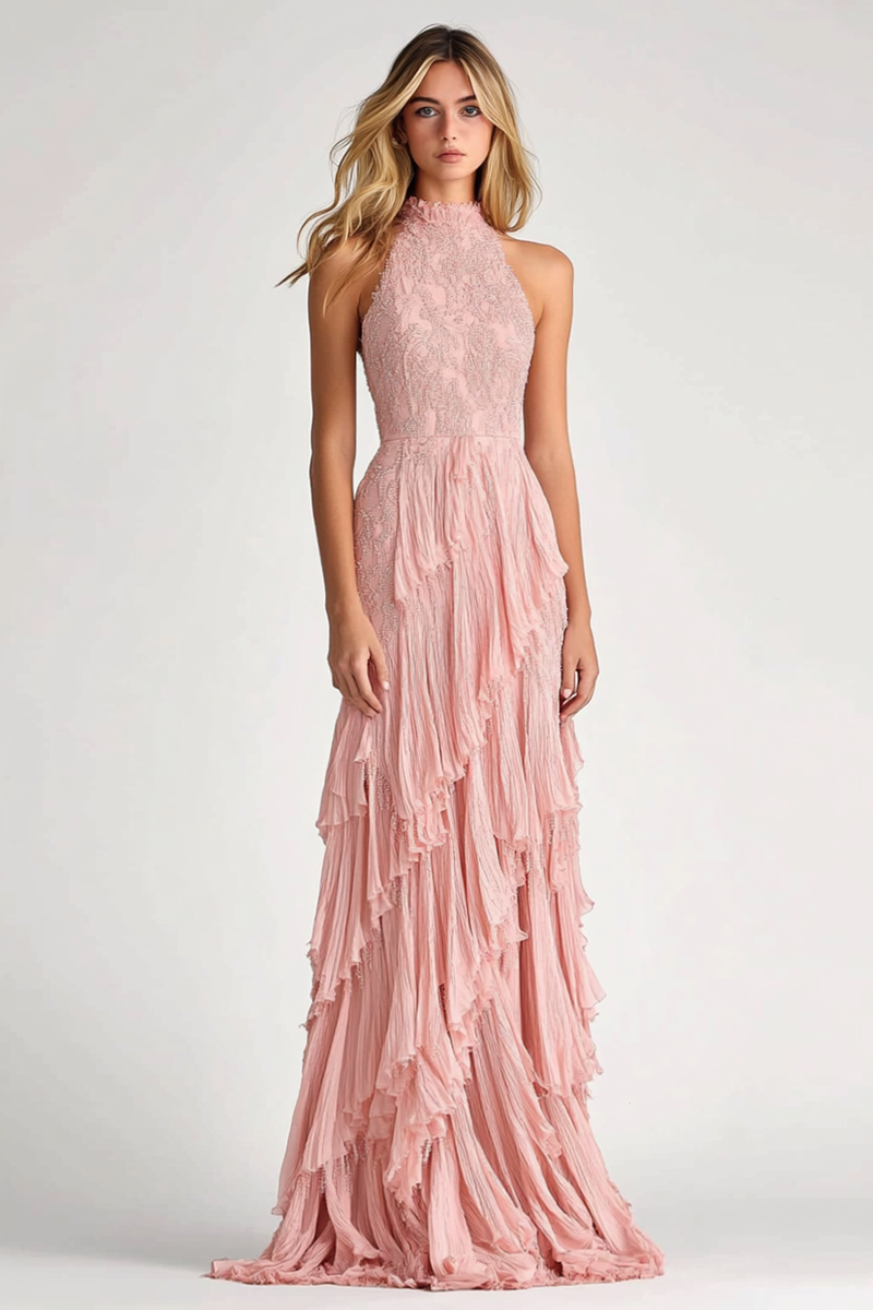 Load image into Gallery viewer, Blush Chiffon Tiered High Neck Long Formal Dress with Lace