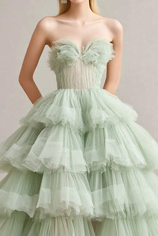 Sage Sweetheart Tulle Tiered Tea Length Long Formal Dress