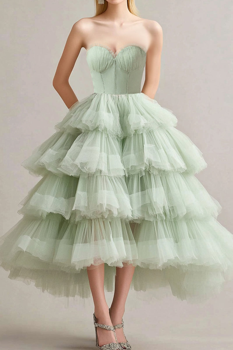 Load image into Gallery viewer, Sage Sweetheart Tulle Tiered Tea Length Long Formal Dress