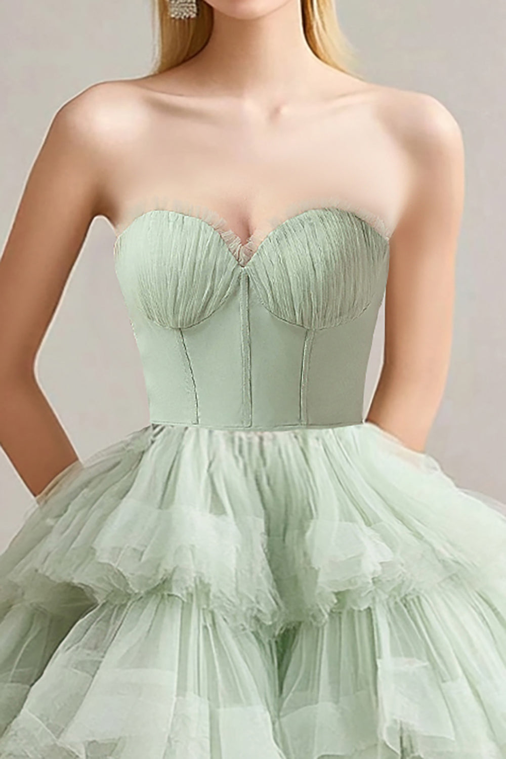 Sage Sweetheart Tulle Tiered Tea Length Long Formal Dress